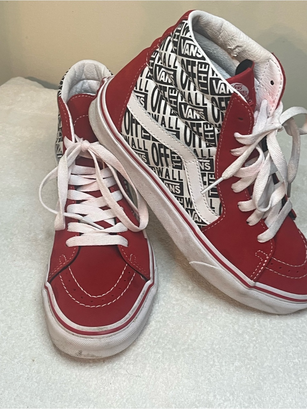 Vans Unisex Red and White High-Top Sneakers with Logo Paneled Sides